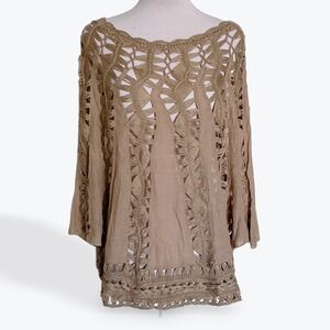 Active USA Womens Tan Crochet Knit Boho Poncho Top T1750 Size SM SM